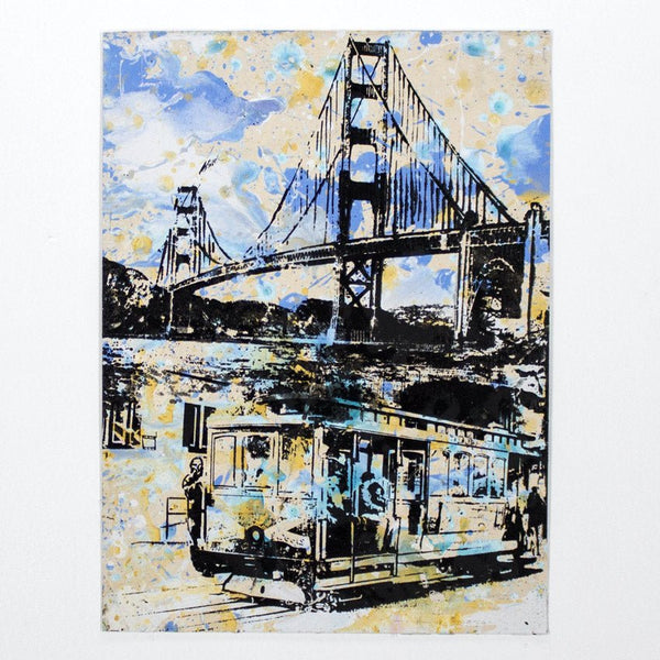 Golden Gate Bridge &amp; Trolley HPM Acrylique Sérigraphie par Bobby Hill