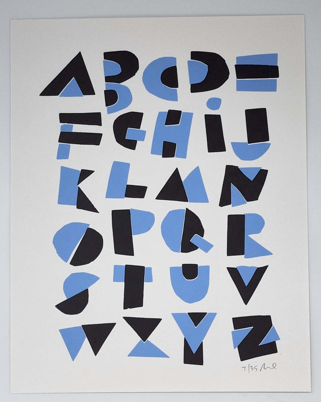 Hand Cut Alphabet Blue Silkscreen Print by Nate Duval