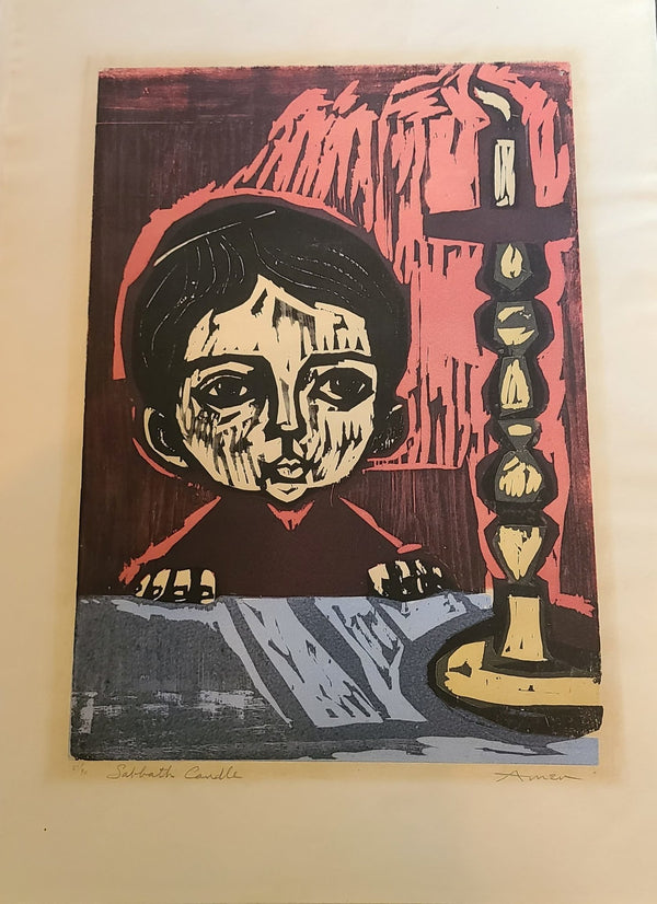 Sabbath Candle Woodcut Block Print by Irving Amen
