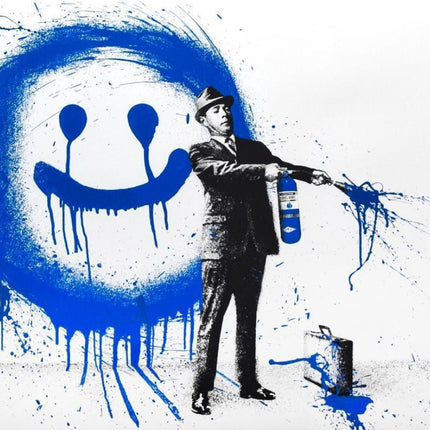 Spray Happiness Blue HPM Serigraph Print by Mr Brainwash- Thierry Guetta