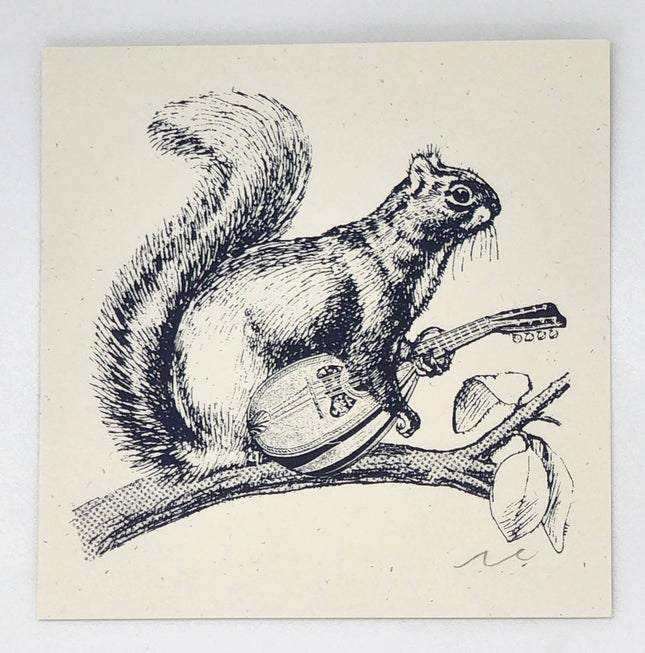 Squirrel with Mandolin White Silkscreen Print by Nate Duval