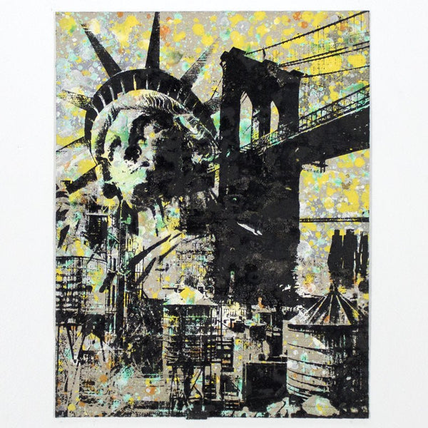 Statue de la Liberté Brooklyn Bridge Water Towers HPM Acrylique Sérigraphie par Bobby Hill
