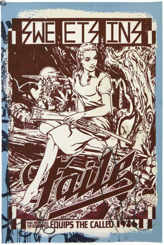 Sweet Sins: serigrafía adornada a mano con HPM azul de Faile