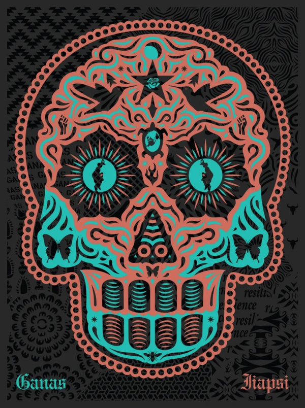 Yaqui Day of the Dead Copper Turquoise Silkscreen Print by Ernesto Yerena Montejano- Hecho Con Ganas